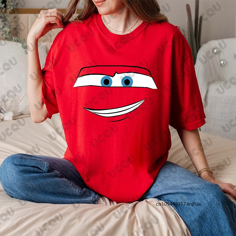 2026 سيارات البرق ماكوين طباعة المرأة القطن تي شيرت الصيف قصيرة الأكمام س الرقبة تيز عادية خمر المتضخم الأزواج القمم