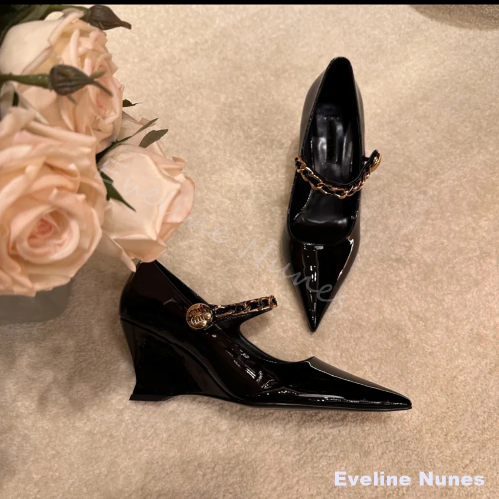 

Metal Chain Single Strap Wedges Pumps women Black Leather Pointed Toe Mary Jane Pumps fashion shallow Versatile Commuter Sandals