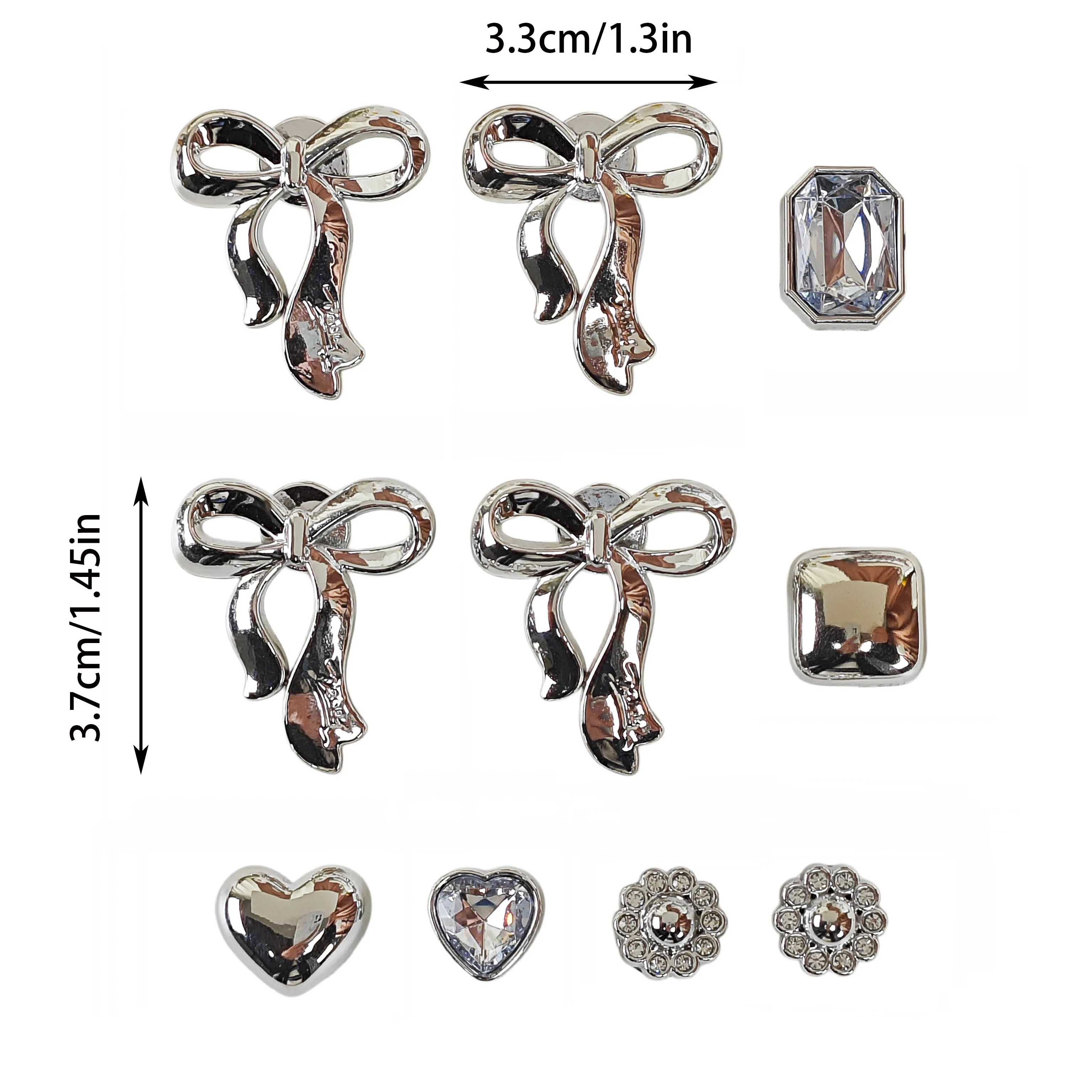 10Pcs DIY Shoe Decoration Charms Shiny Silver Bows, Flowers, Hearts, Geometric Pattern Decorative Buckles Non-Metal Lightweight Material Y2K Fashion Versatile Cute Personality Style for Men and Women Suitable for Eva Beach Shoes, Sandals, Removable Shoe Decoration, Holiday Gift