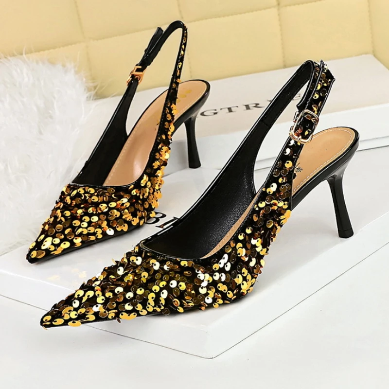 Sequins Luxury Wedge High Heels Women Pumps Pointed Designer Sandals Ankle Straps Gold Silver Glitter Fashion Party Dress Shoes