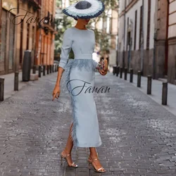 Customized Light Blue Sheath Midi Mother Of The Bride Dresses With Feather Three Quarters Sleeve vestido madrina boda talla gran