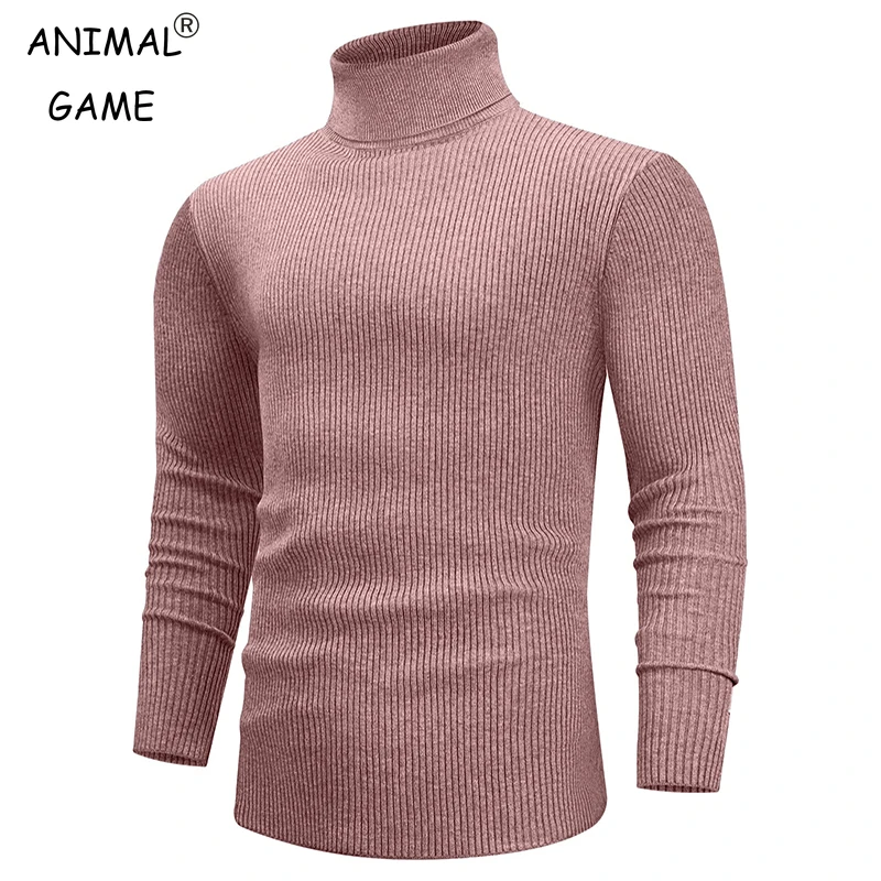 New Fall Long Sleeved Turtleneck Sweaters Men\'s Casual Breathable Top Solid Color Elastic Slim Autumn Warm Stripe Streetwear