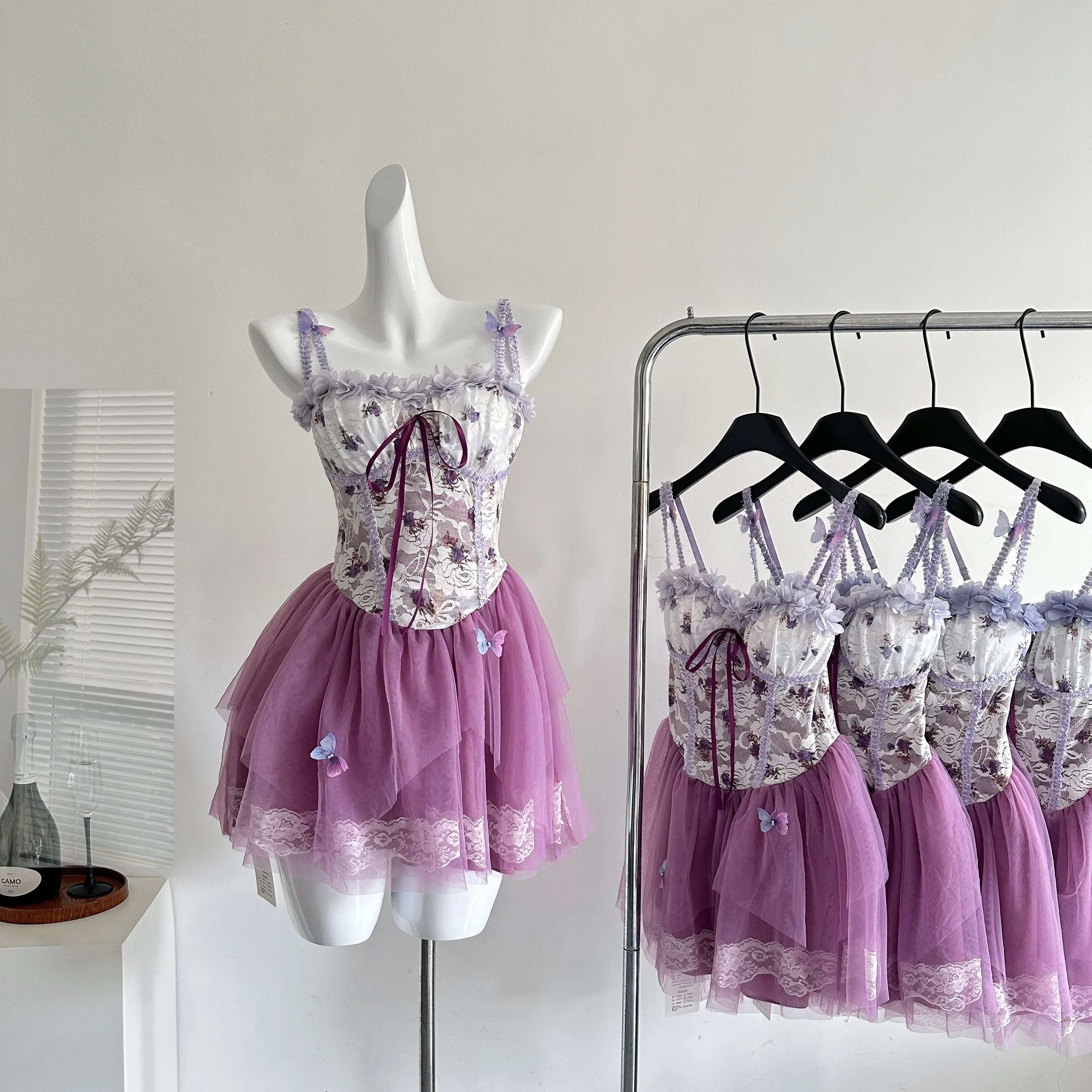 여름 여성 프랑스어 빈티지 세련된 Coquette Shoujo 미니 꽃 패치 워크 드레스 Sweet Frocks Evening One-Piece Party Gyaru Prom