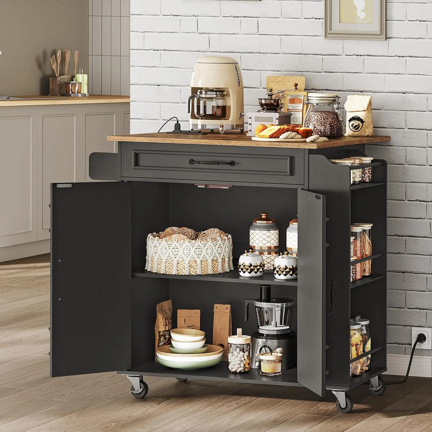 

Kitchen Island with Power Outlets & Drop Leaf, Rolling Kitchen Cart on Wheels, Kitchen Storage Island·Factory Direct Sales