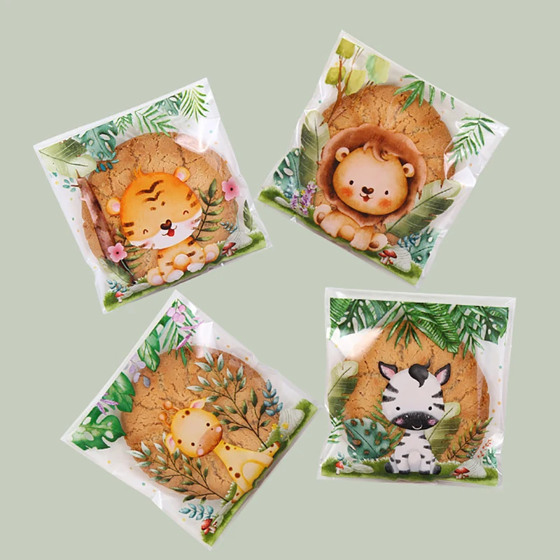 50Pcs/Bag Jungle Animal Self Sealing Cookie Candy Bags Wild One Safari Theme Birthday Party Decor Kids Baby Shower Gift Bags