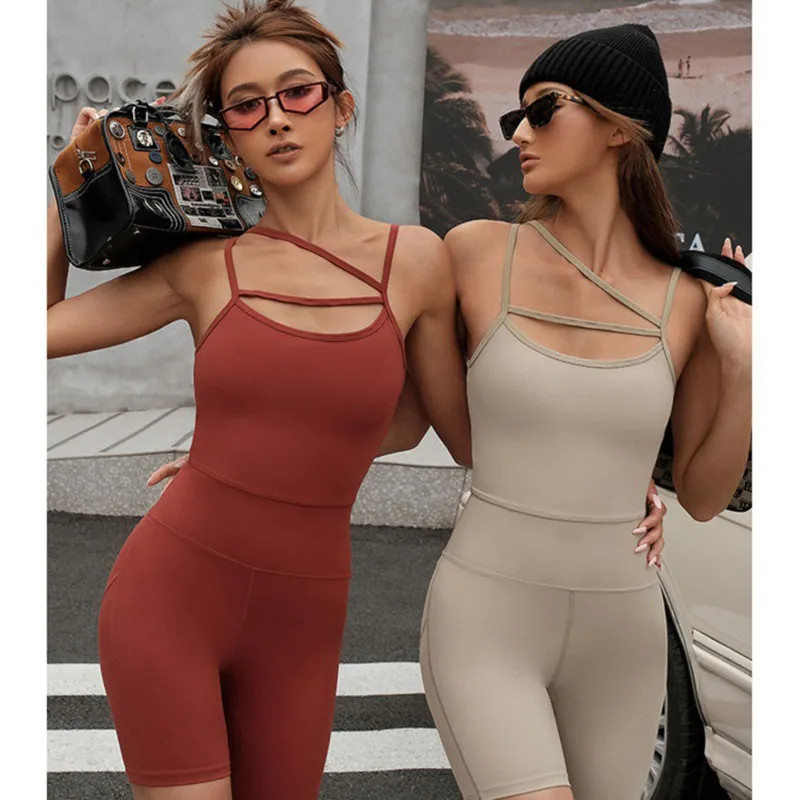 

Seamless One-piece Gym Sets Women Sleeveless Gym Clothing Yoga Sets with Padded Short Leggings Sports Rompers Fitness Jumpsuits
