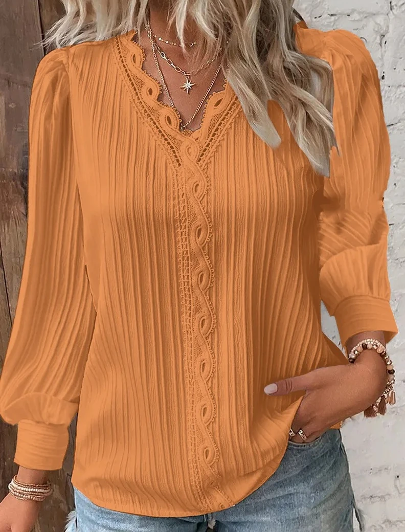 

Elegant Summer Hollow Women Shirt Chic Blouse V Neck Long Sleeve Shirt Plain Lace Casual Basic Regular Tops