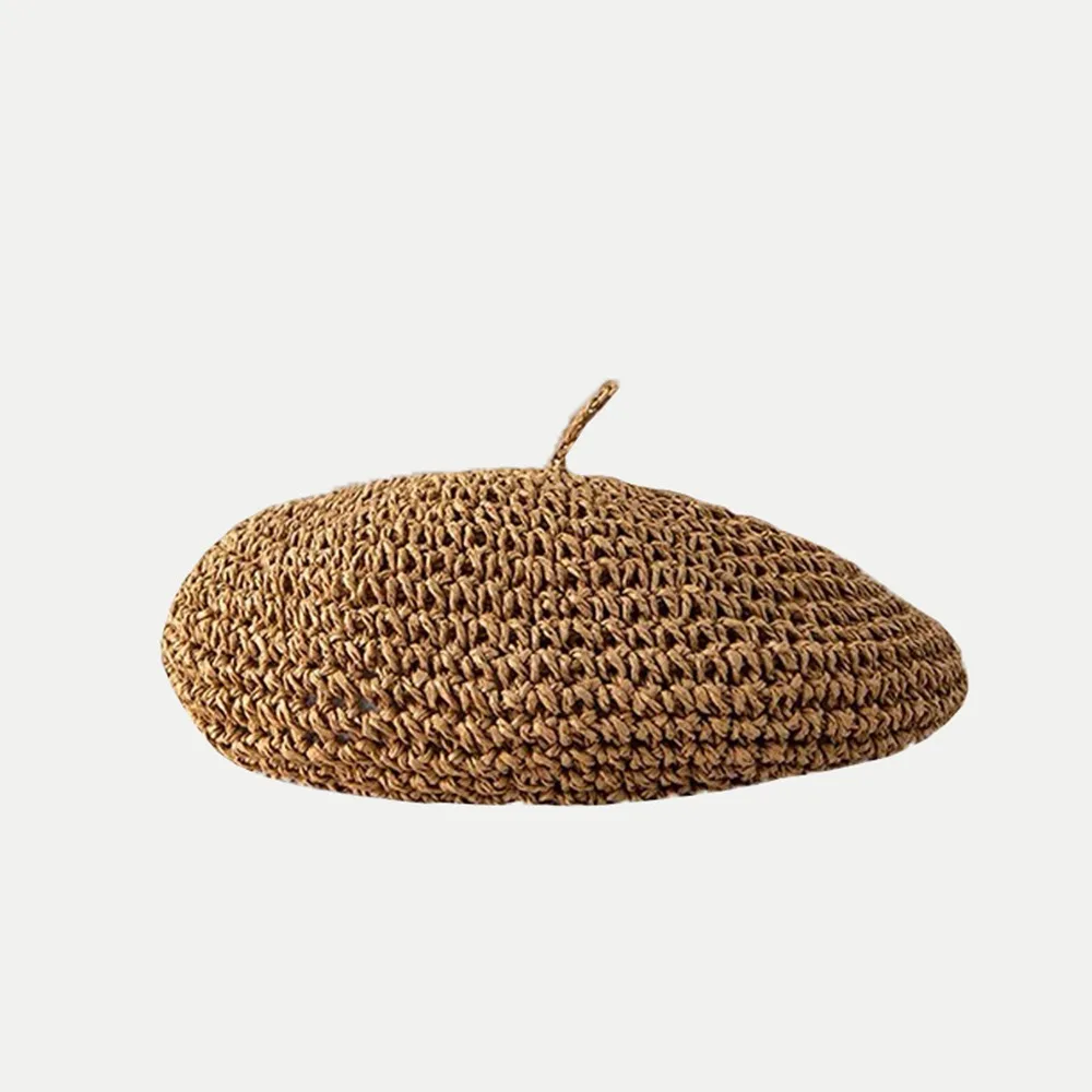 

French Summer Straw Beret Handmade Crochet Weave Cap Vacation Hollow Painter Hat Female