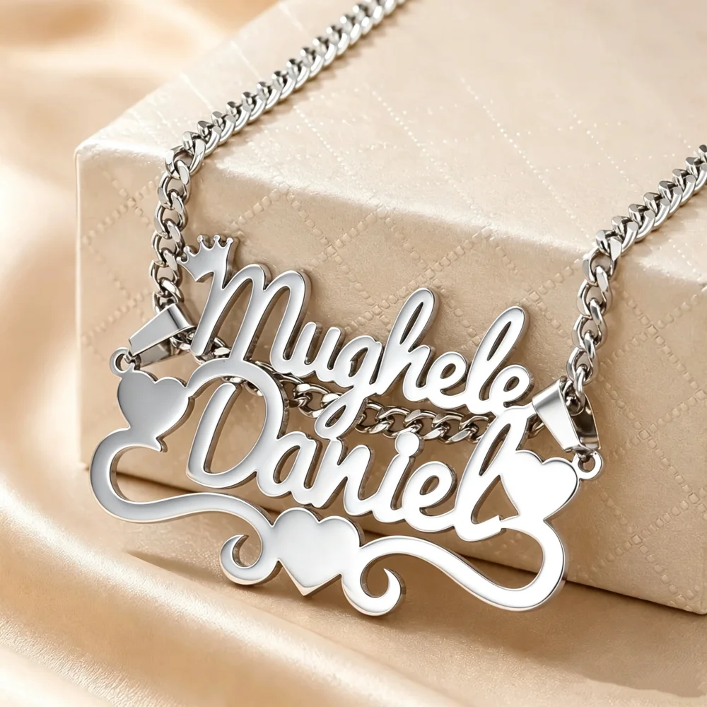 Custom Double Name Heart Necklace Personalized Crown Nameplate Pendant Necklace Stainless Steel Couple Jewelry Gift For Women