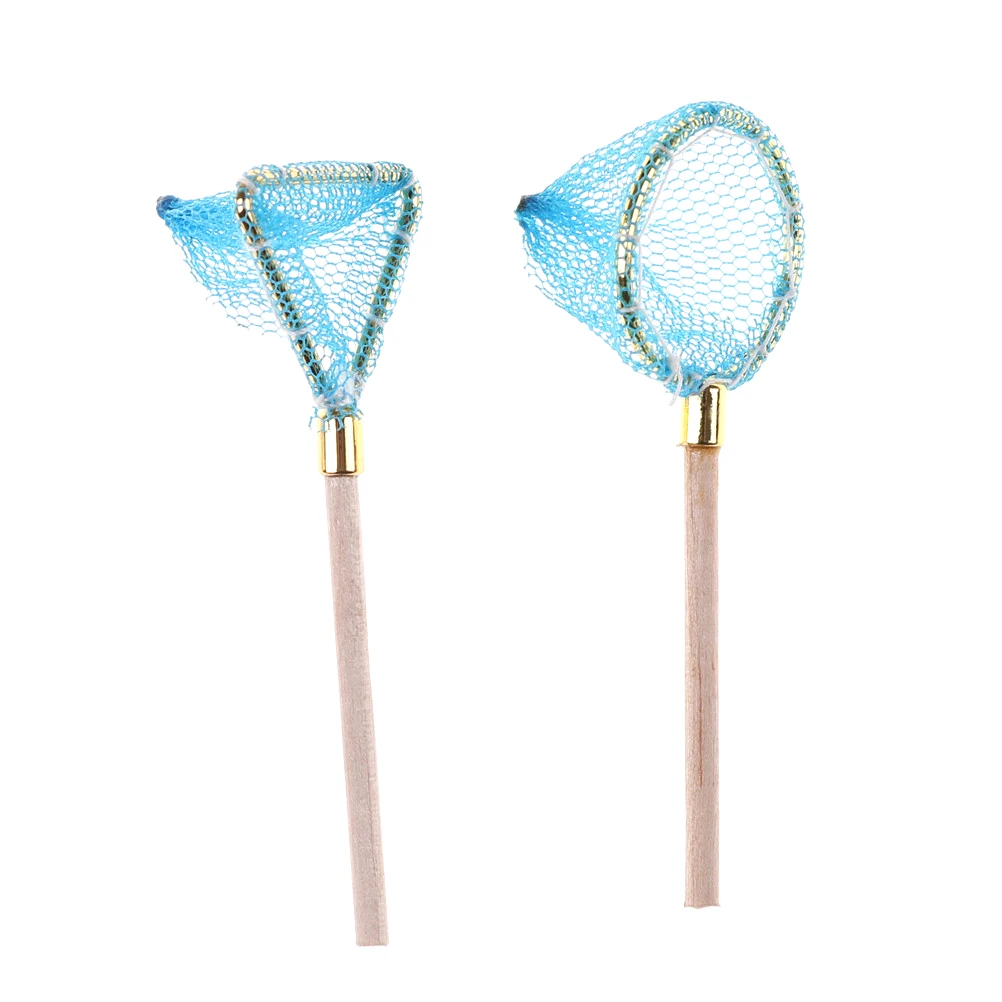2 stks/set poppenhuis miniatuur visnetten met houten handvat poppenhuis leven scène outdoor decor sport speelgoed accessoires