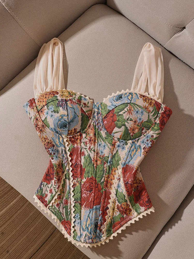 French Vintage Printed Camis for Women Summer Harajuku Lace Patchwork Crop Tops Y2K Femme Streetwear Sexy Slim Tank New