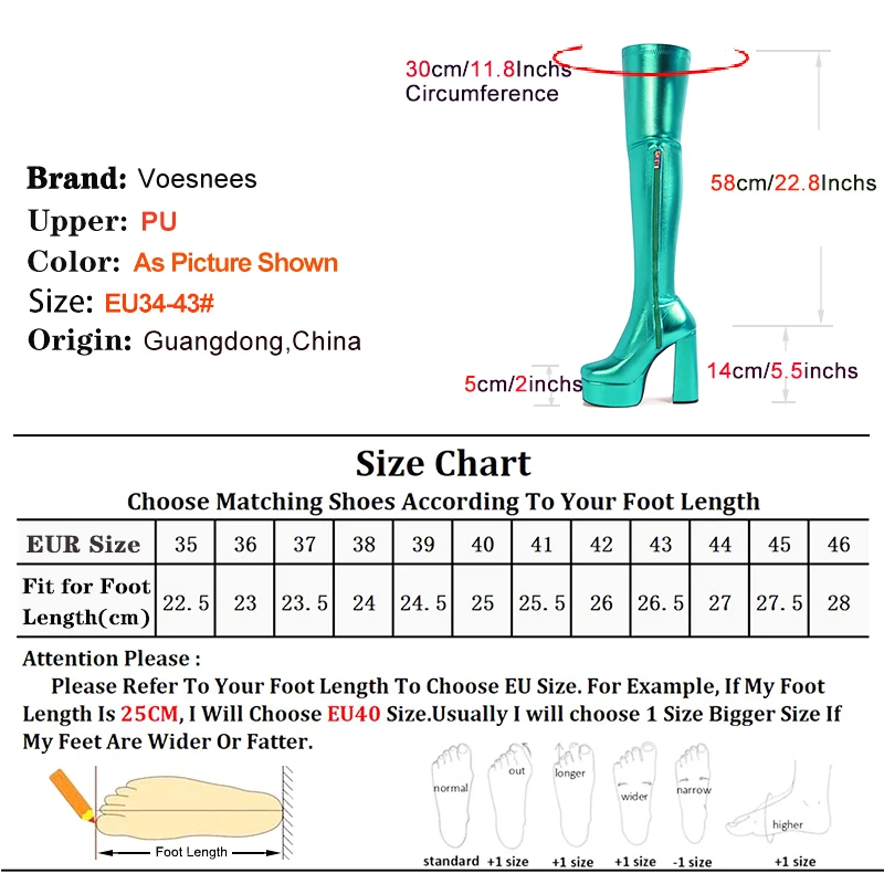 14CM Block Heels Shoes For Women Elastic PU Thigh High Boots Waterproof Platform Side Zipper Tight-Fitting Over-the-Knee Boots