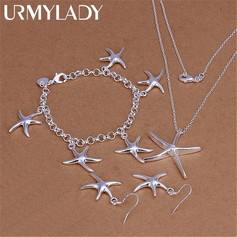 925 Sterling Silver Pretty fine starfish Pendant Bracelet necklace earrings Jewelry set for women fashion Party Christmas Gifts