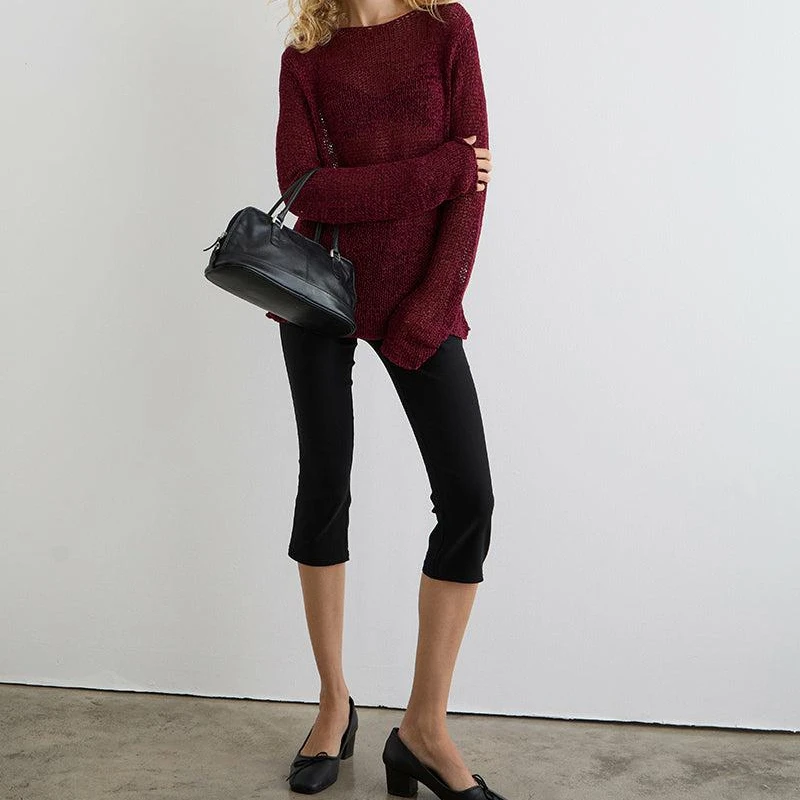 

Combhasaki Womens Sheer Mesh Knitwear Long Sleeve Shirts Lightweight Knitted Pullover Sweaters Casual Y2k Boat Neck Jumper Tops