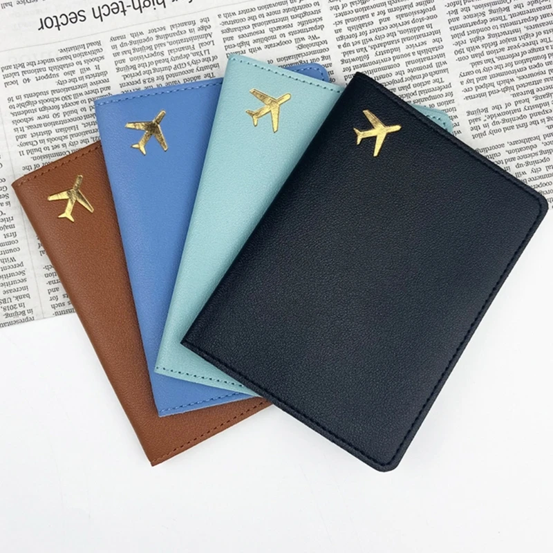 Fashion PU Leather Passport Cover Hot Stamping Simple Plane Pattern Passport Holder Travel Wallet Credit Card Protector Cover