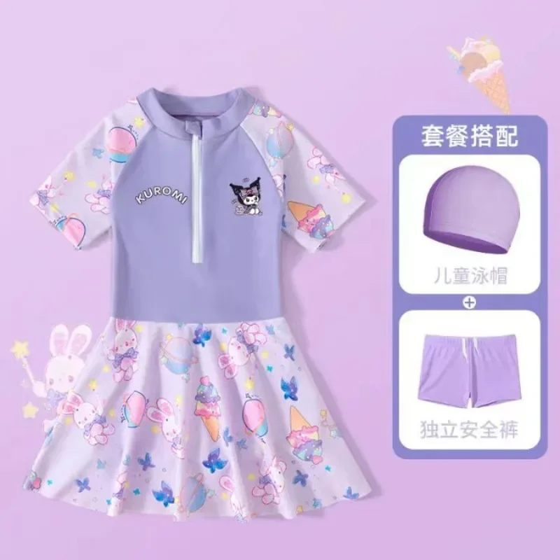 Niño corazón Kawaii MINISO Ins My Melody Kuromi traje de baño camisa lindo dibujos animados niños entrenamiento de una sola pieza ropa de natación regalos