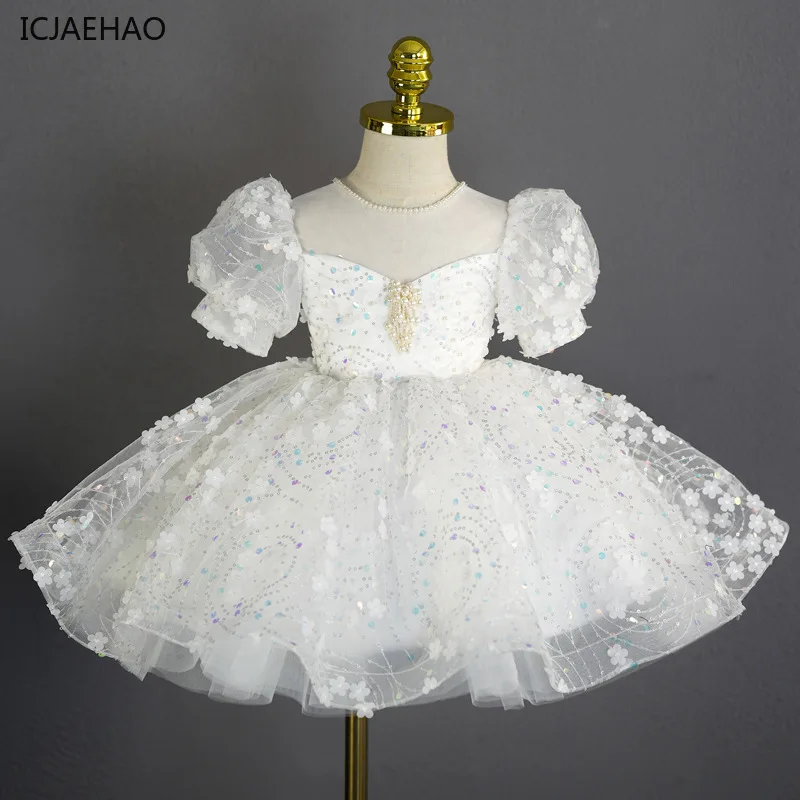 

ICJAEHAO 2024 Toddler Girl Dress New Wedding Communion Costume Puff Sleeve Princess Birthday Party Matching Children Clothing