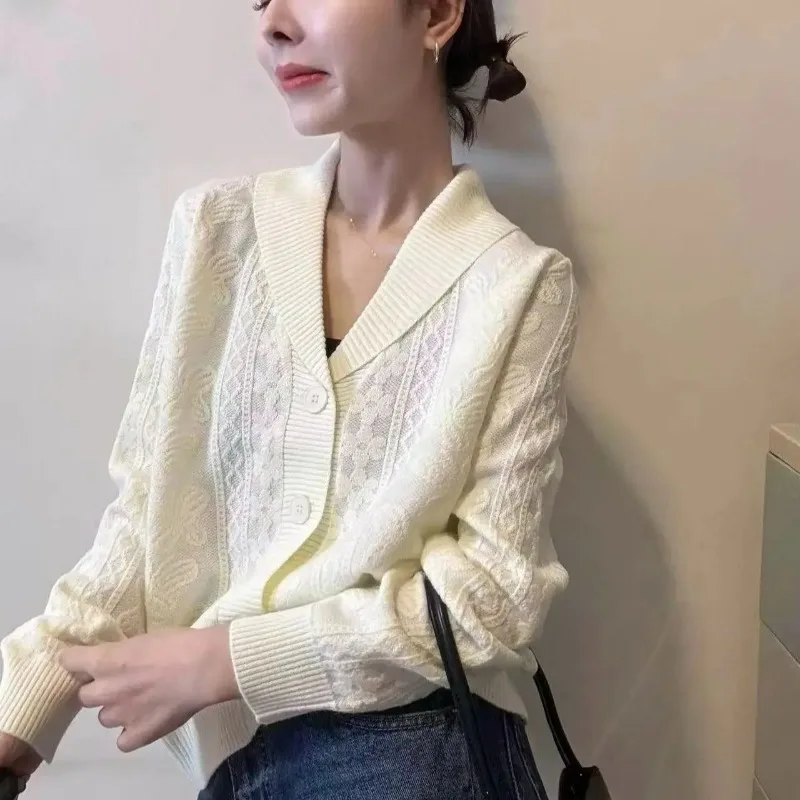 

Корейский модный вязаный кардиган с цветочным жаккардовым узором для женщин, весенний, с отложным воротником, на одной пуговице, с длинными рукавами, женская куртка-свитер, пальто