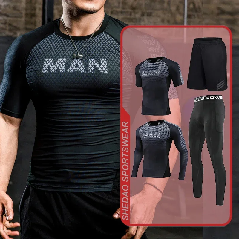 Mens Fitness Sportswear Set Gym Running Compression Tracksuit Suit Jogging Tight Sports Wear Clothes Dry Fit Lycra Leggings