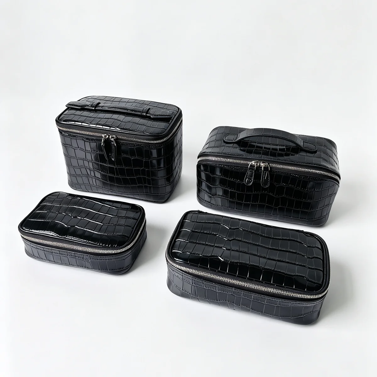 Echtes Leder Krokodil-Prägung Schwarzes Kosmetiktaschen-Set für Damen Toilettenartikel-Organizer Große Kapazität Reise-Make-up-Tasche – Detail 11