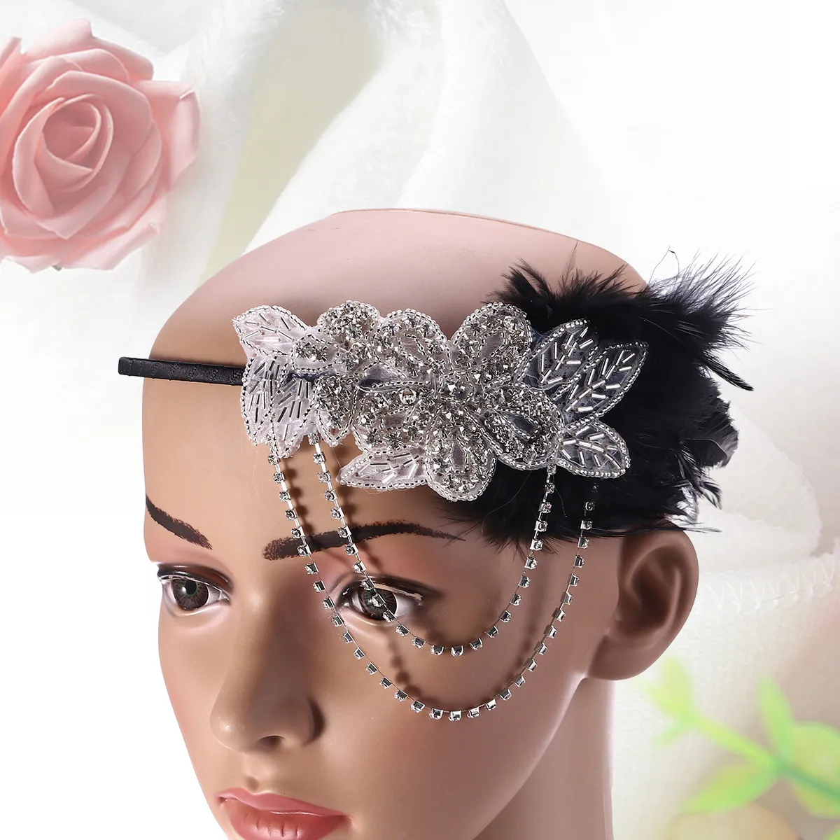 

Ретро-повязка на голову в стиле флеппер с цепочкой и цветами, отличная повязка для волос, аксессуар для вечеринки в стиле 1920-х годов, для маскарада