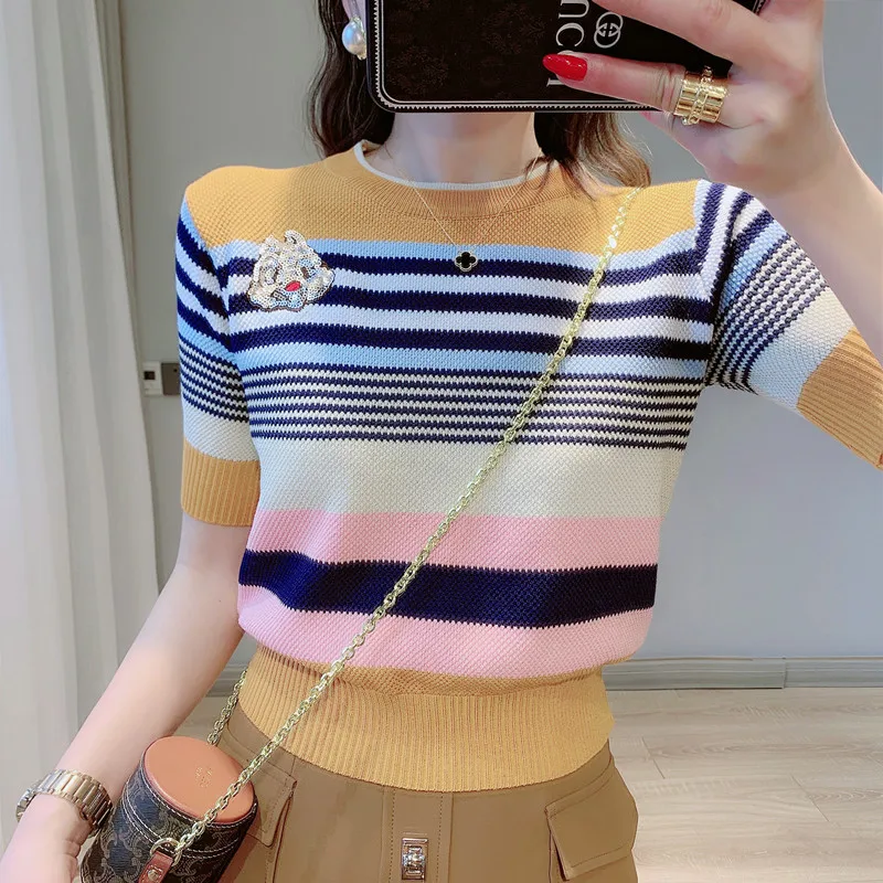 

Summer New Short-Sleeved Colorful Striped Sequin Embroidery Cartoon Short Knitwear Women Pulloveer Tops s147