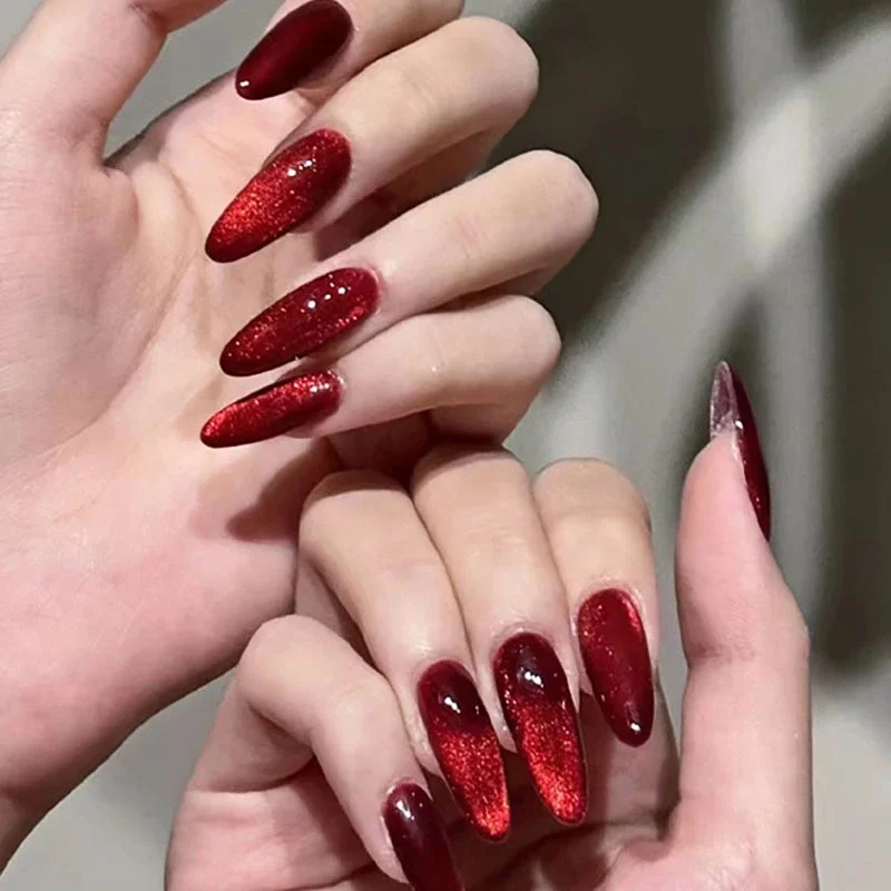 Sparkling Red Cat Eye Solid Color Fake Nail Halloween Fashion Detachable Finished False Nails Press on Nails with Glue Wholesale