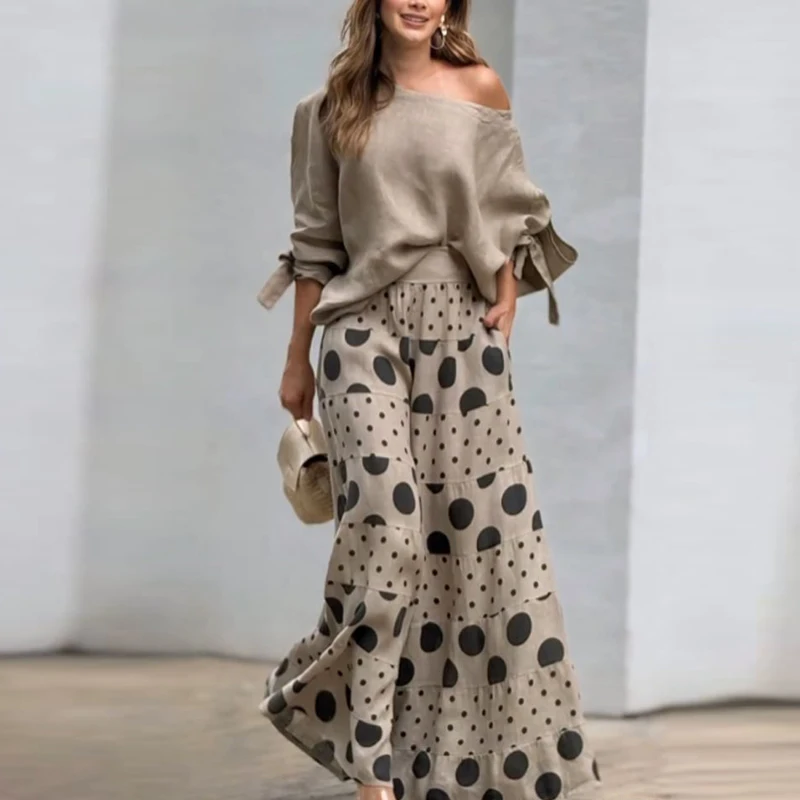 

Casual Diagonal Neck Hollow Top with Wide Leg Pants Sets Summer Loose Polka Dot Printed Women Suit Fashion High Street Outfits