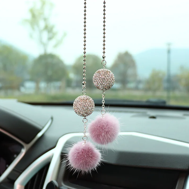 Crystal Diamond Ball Car Rearview Mirror Ornament Mink Ball Car Interior Decoration Interior Accessories Decor Hanging Pendant
