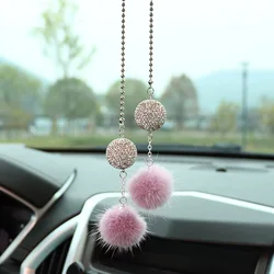 Crystal Diamond Ball Car Rearview Mirror Ornament Mink Ball Car Interior Decoration Interior Accessories Decor Hanging Pendant
