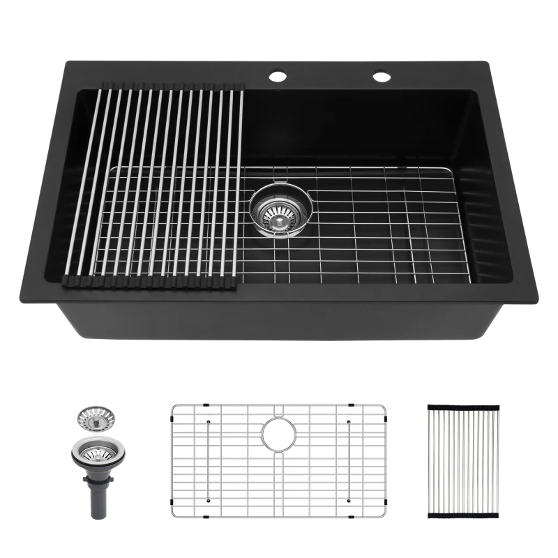 

Quartz Kitchen Sink - 33" x 22" x 9.65" Black granite composite Drop in kitchen sink