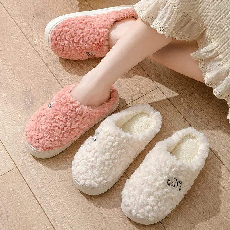 Winter Plush Warm Women Cotton Slippers Casual  Indoor Home Toe Wrap Fluffy Slides Men Anti Slip Autum Dog Cartoon Soft Shoe