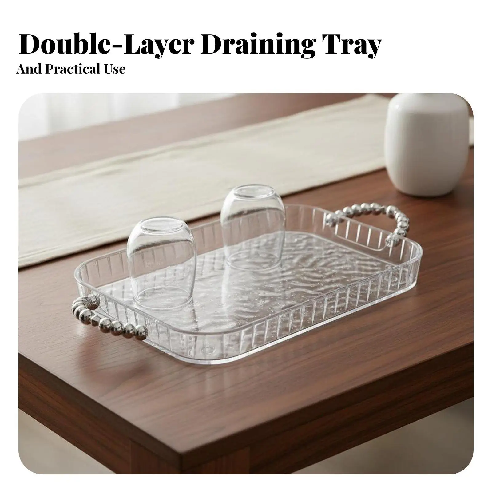 Water Wave Cup Tray Easy to Clean Rectangular Tray with Handles Large Capacity Acrylic Countertop Organizer for Families,