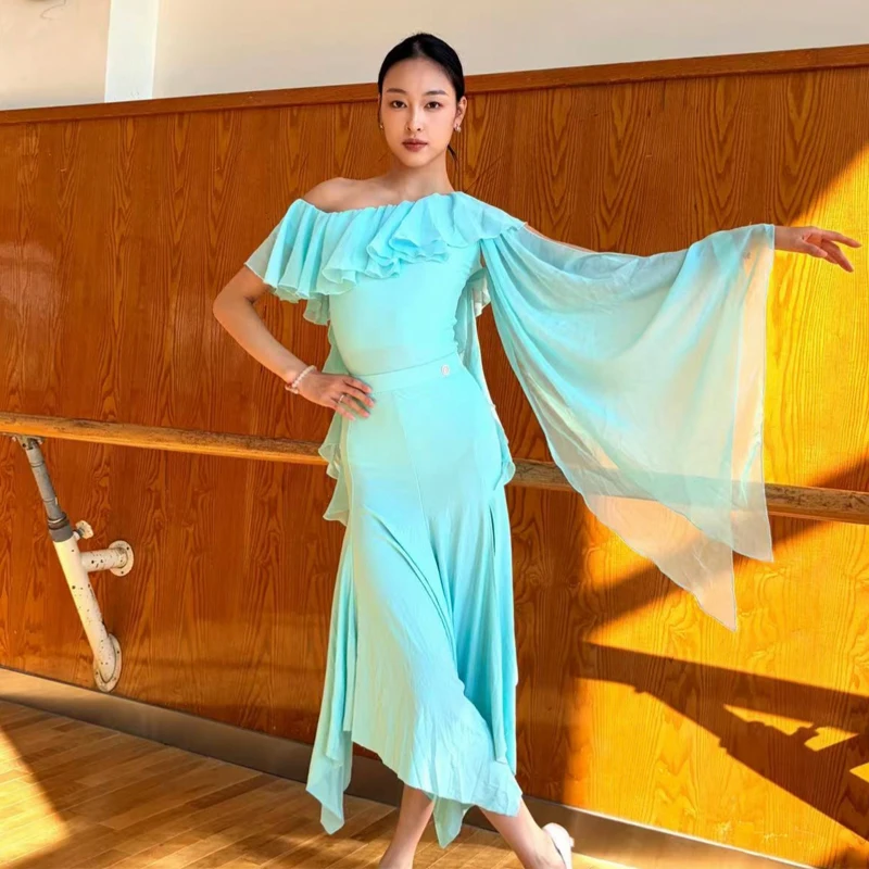 Adultos roupas de competição de dões latinos manga irregular babados saias superiores mulheres samba dança de salão desempenho wear sl14568