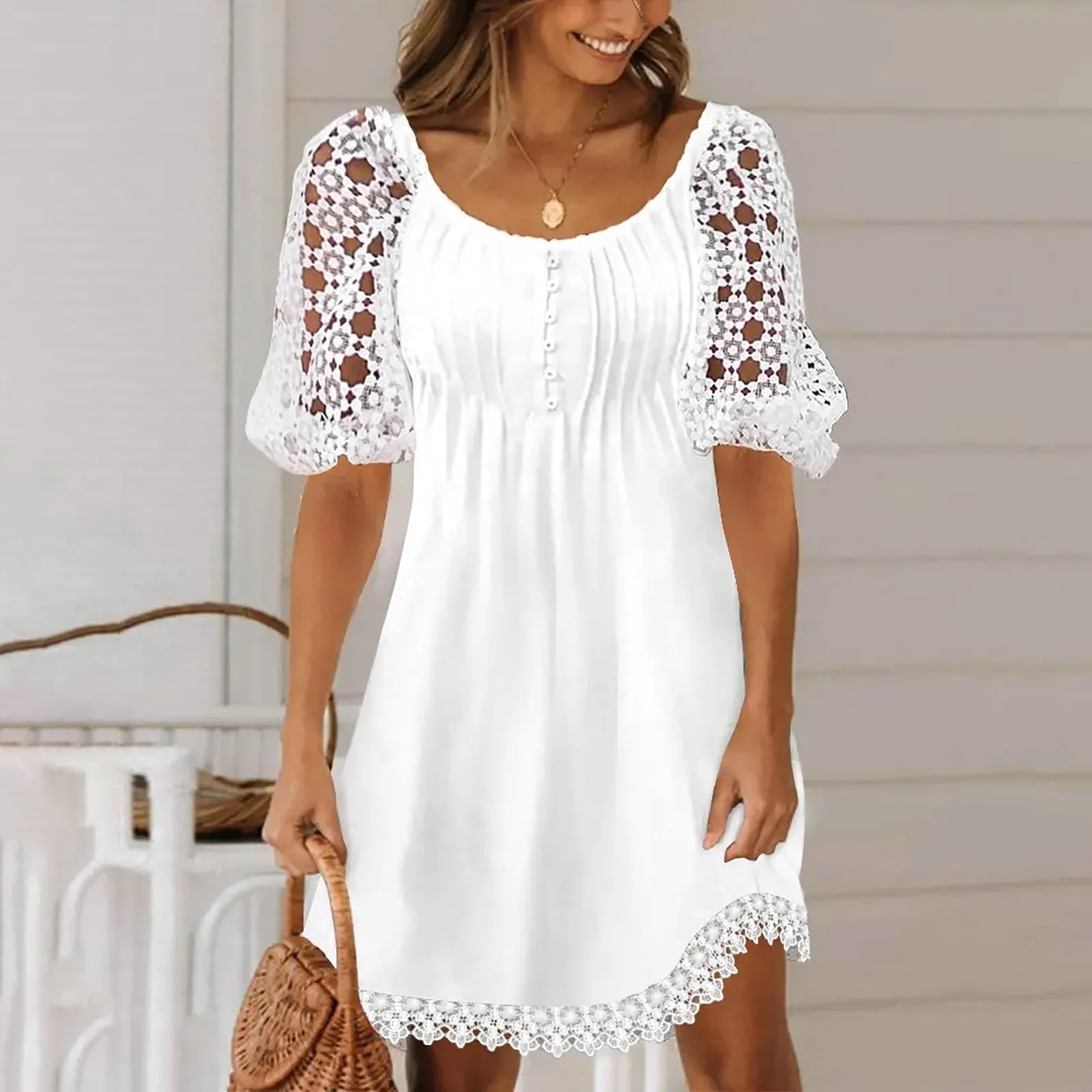 2024 Lace Short Dress Short Sleeve Plus Size Vestidos Solid Color 4XL 5XL Oversized Women's Dress Mujer Loose Fit Fashion Robes