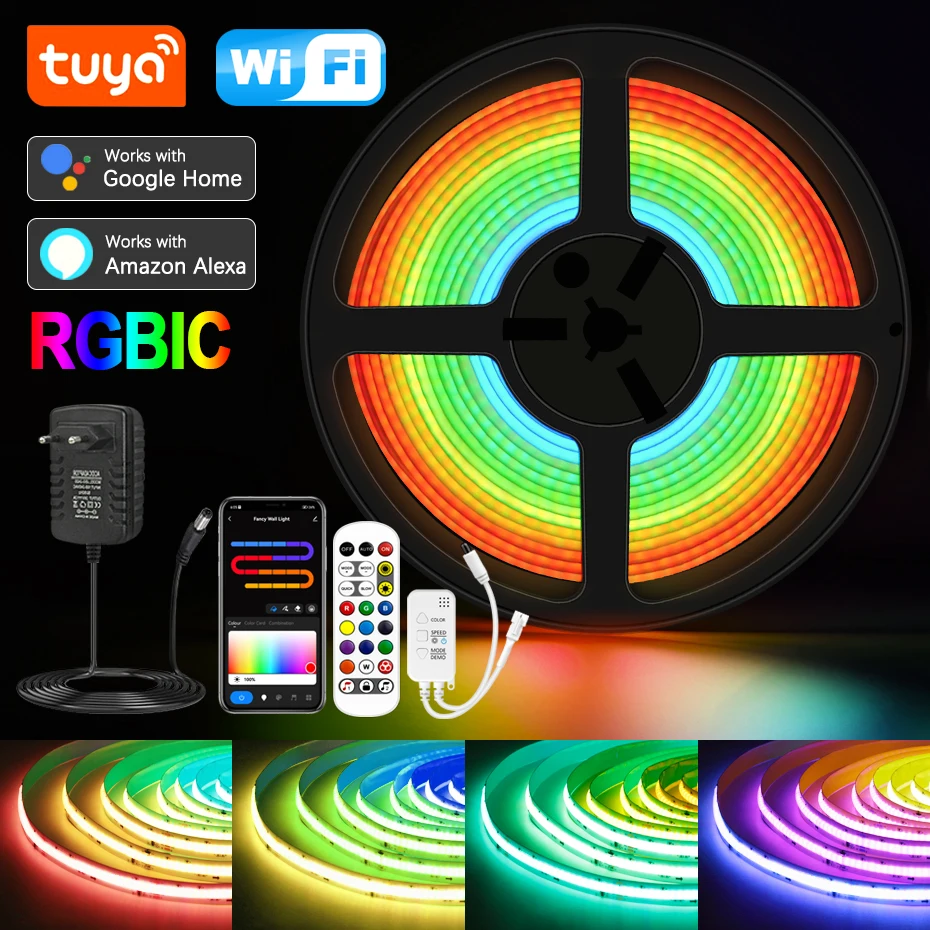 

Tuya Wifi RGBIC COB LED Strip Light DC 24V Addressable Dreamcolor Led Tape Strips 720LEDs/m Flexible Ribbon For Home Decoration