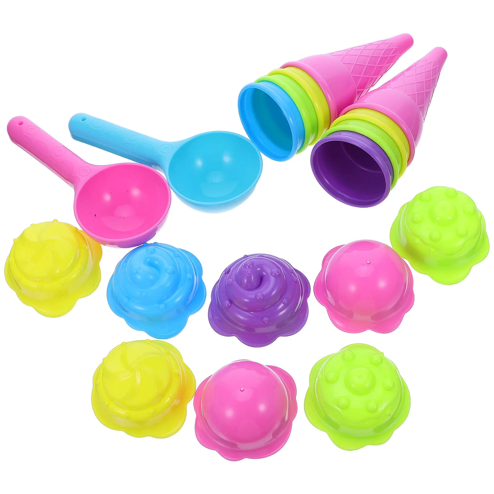 2 conjuntos de cones de sorvete de plástico crianças praia areia brinquedos cones de sorvete copos e colher ao ar livre à beira-mar brinquedos para crianças para