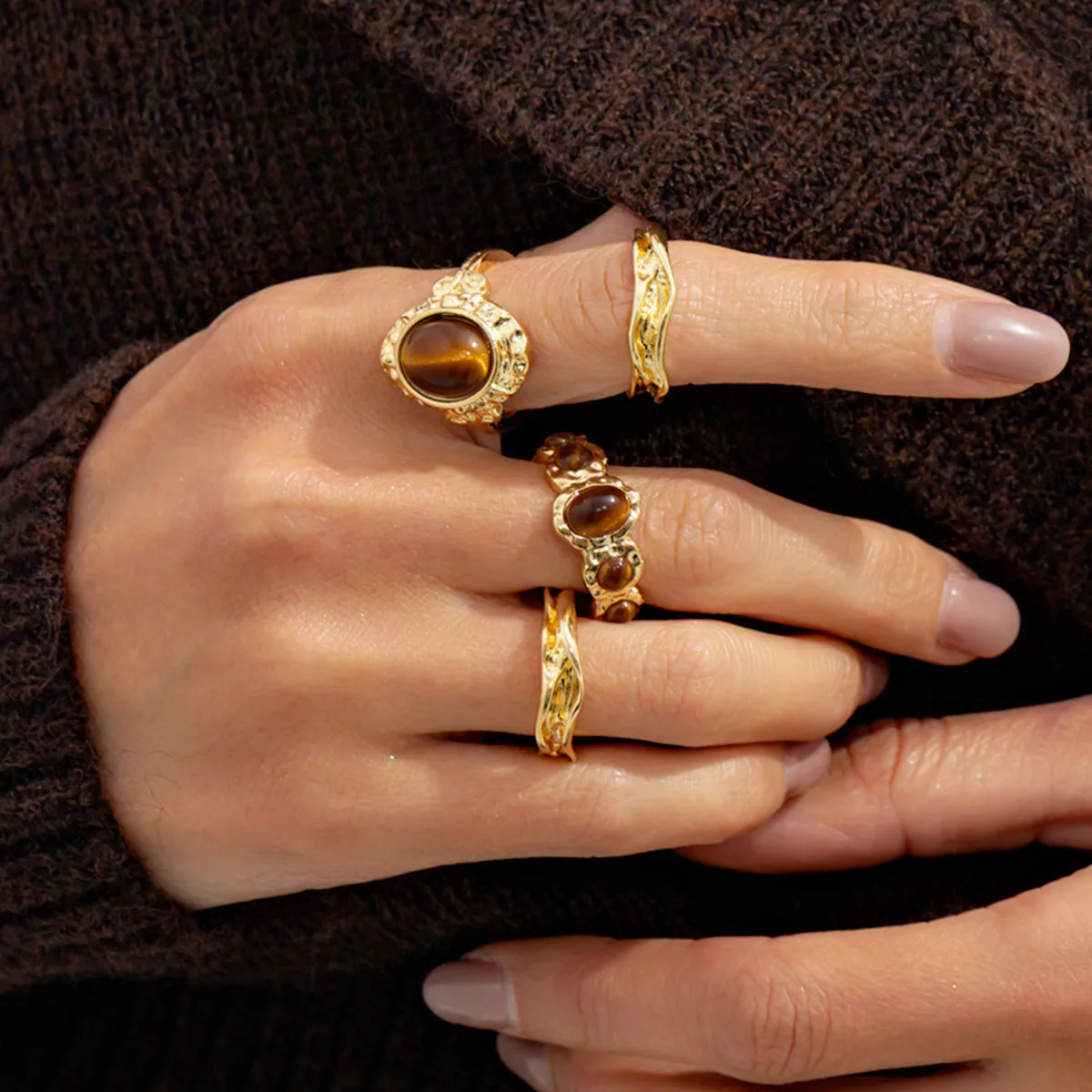 KunJoe 4Pcs/Set Vintage Oval Brown Stone Open Rings for Women Luxury Round Gold Color Adjustable Knuckle Ring Lady Jewelry Gifts