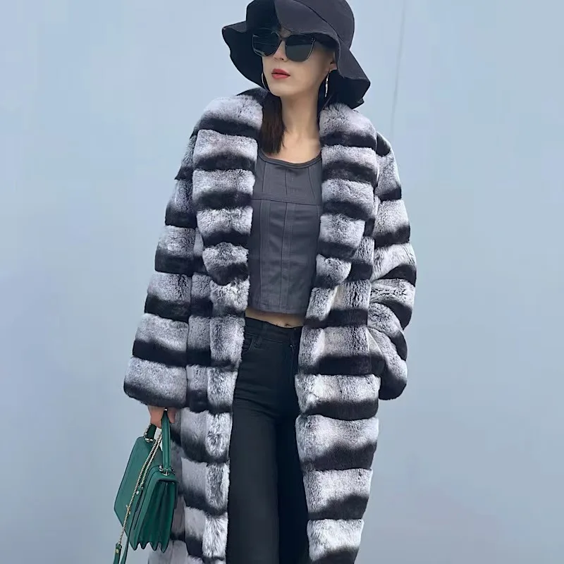 2022 New Real Featured Whole Leather Real Rex Rabbit Long Fur Coat Simple Street Warm women's winter Whole Leather fur coat