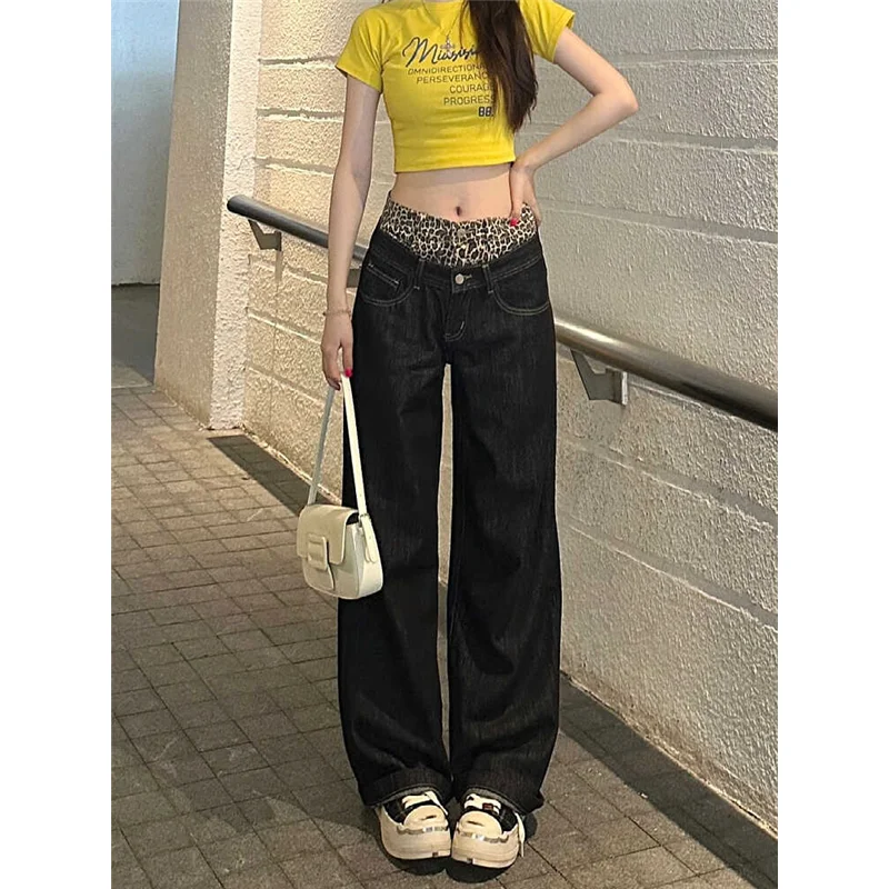 High Waist Leopard Pattern Splicing Women Jeans Hip-hop Style Fashion Vintage Streetwear Y2K Wide Leg Trouser Baggy Denim Pants