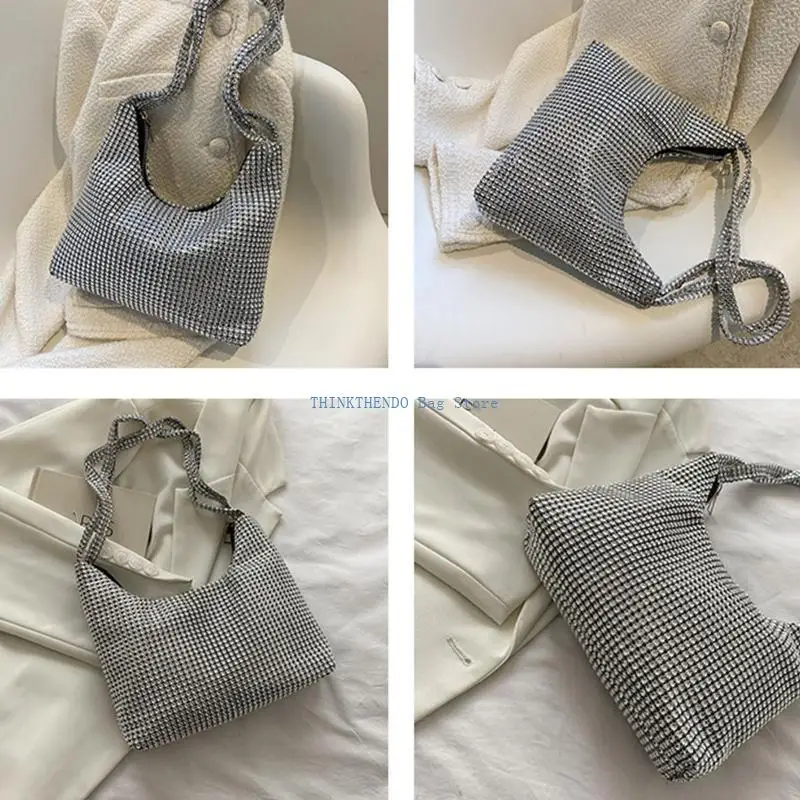 

340D Fashion Handbag for Rhinestone Evening Bag Silver Underarm Bag for Travel Vacati