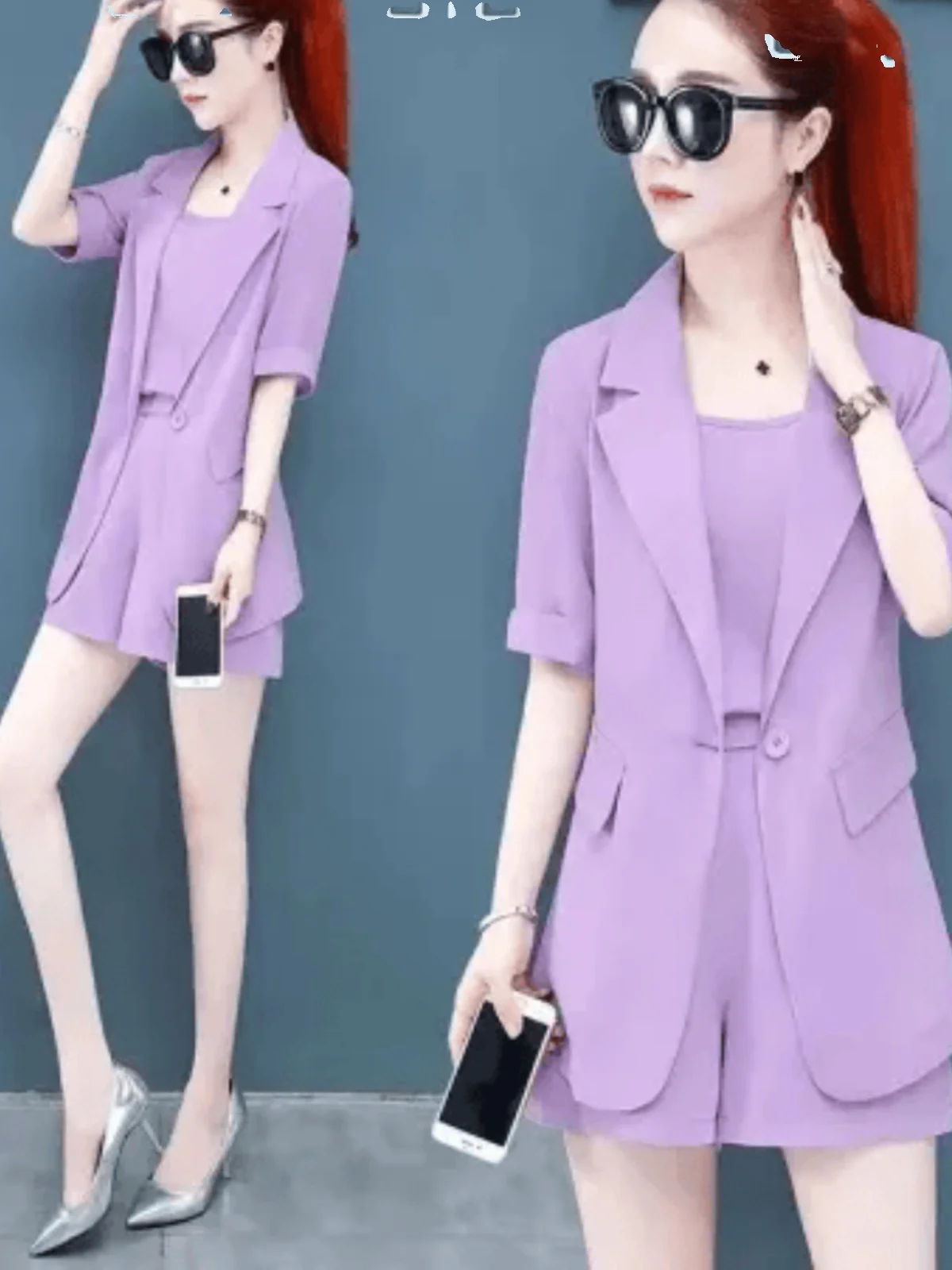 

plus Size Women's Summer Slimming ort Pants Tee-Piece Set with Strap Vest Outerwear Casual High Waist Cotton Blend