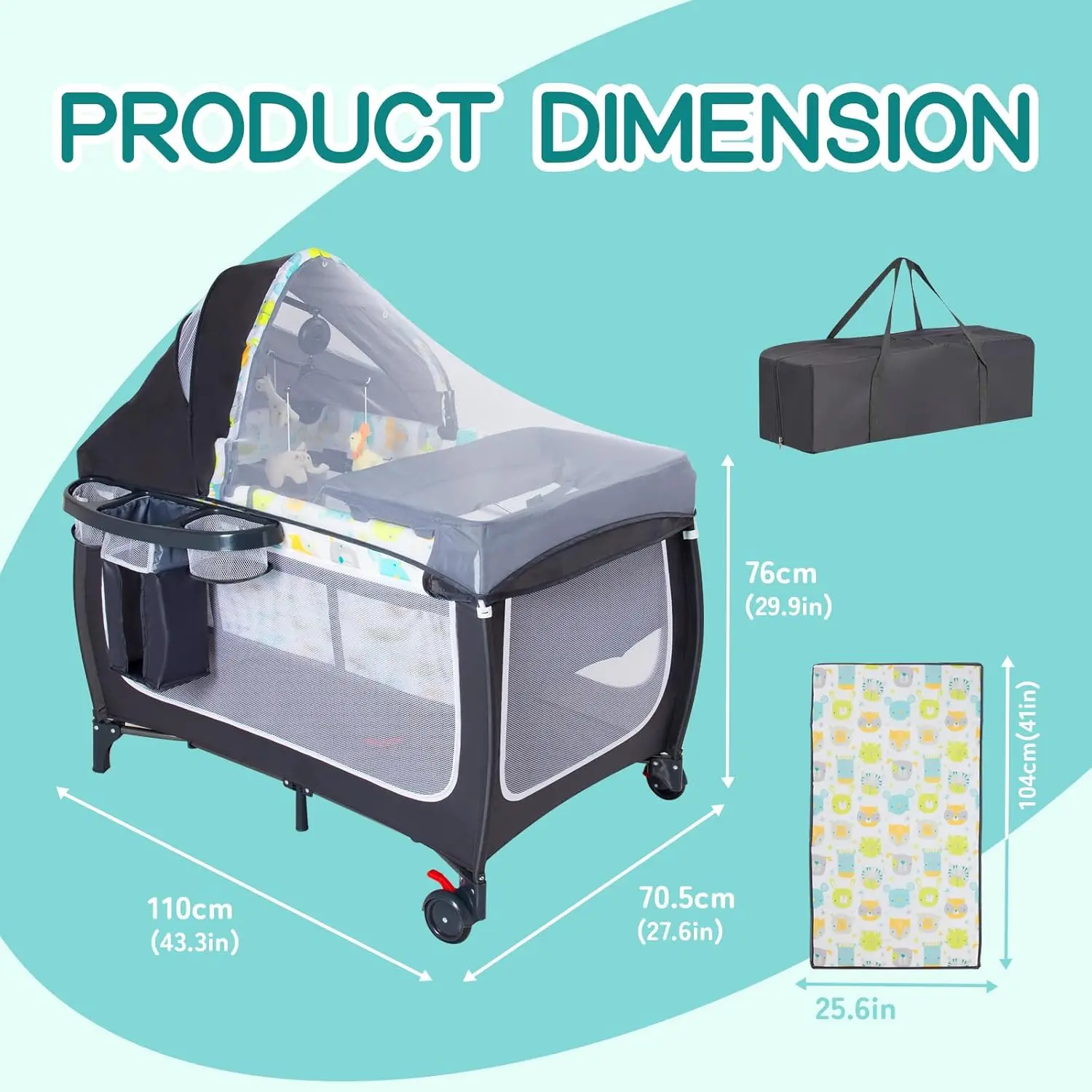 

4 in 1 Pack and Play,Portable Baby Crib Deluxe Nursery Center, Foldable Travel Playard with Bassinet,Adjustable Canopy