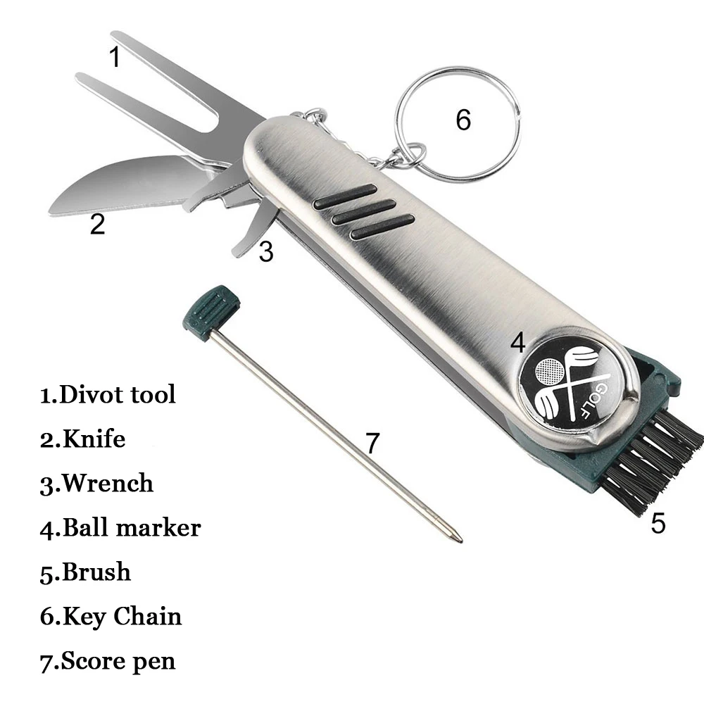 Herramientas de golf multifunción: Marcador de bola magnético, bolígrafo para marcar puntos, herramienta para divots de golf, palos de golf de acero inoxidable con cuchillo y llave, regalo.