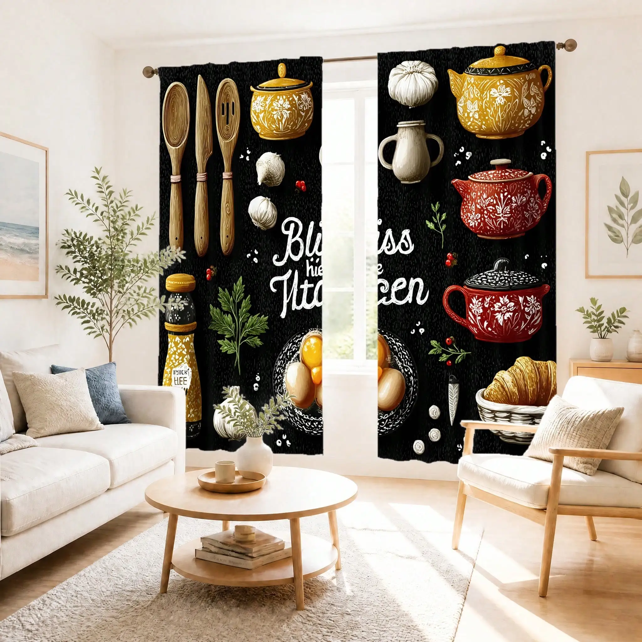 Vintage Kitchen Curtains, Black Background Teapot Herb Print Drapes, Farmhouse Cooking Decor for Dining Room Window Treatment
