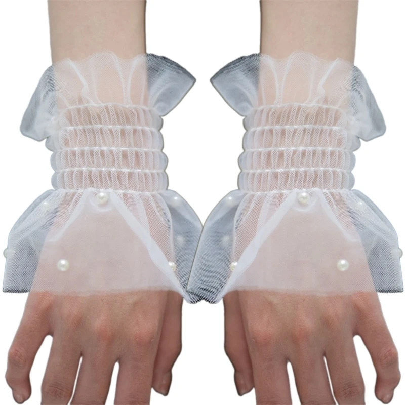 Women Wrist Cuffs Tulle Detachable Flared Sleeve Pearls for Wedding Supply D5QB