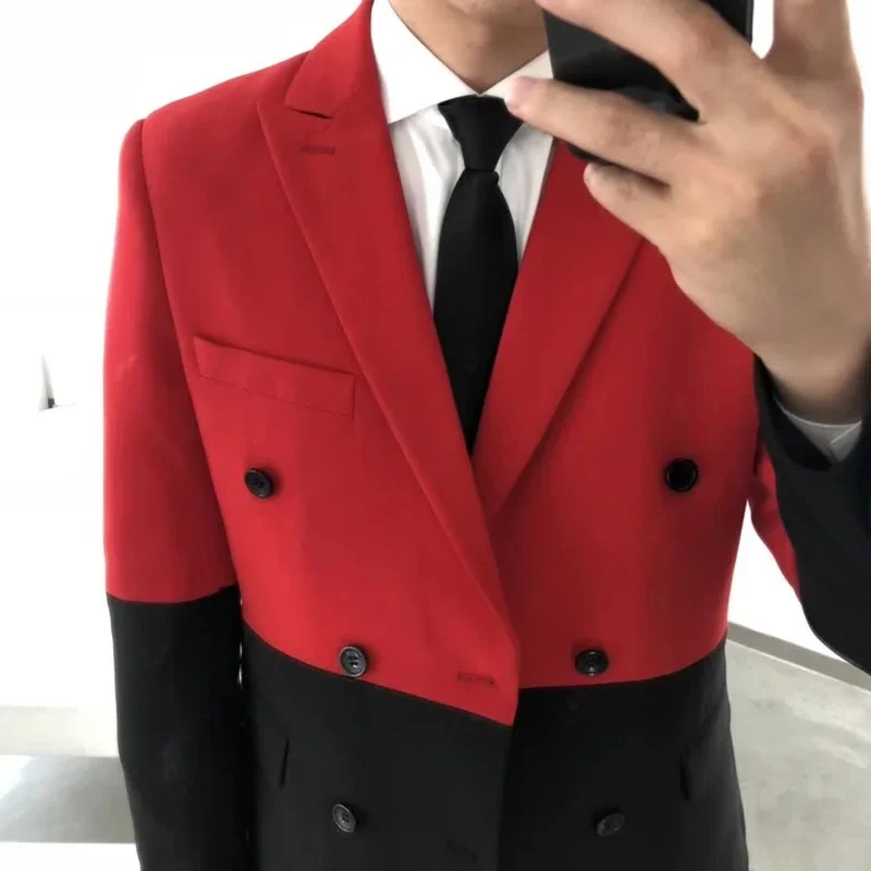 Men\'s Blazer Hombre Semi-Black Red White Double-Breasted Blazer Masculino Slim Wedding Prom Fashion Stitching Men\'s Blazer Men