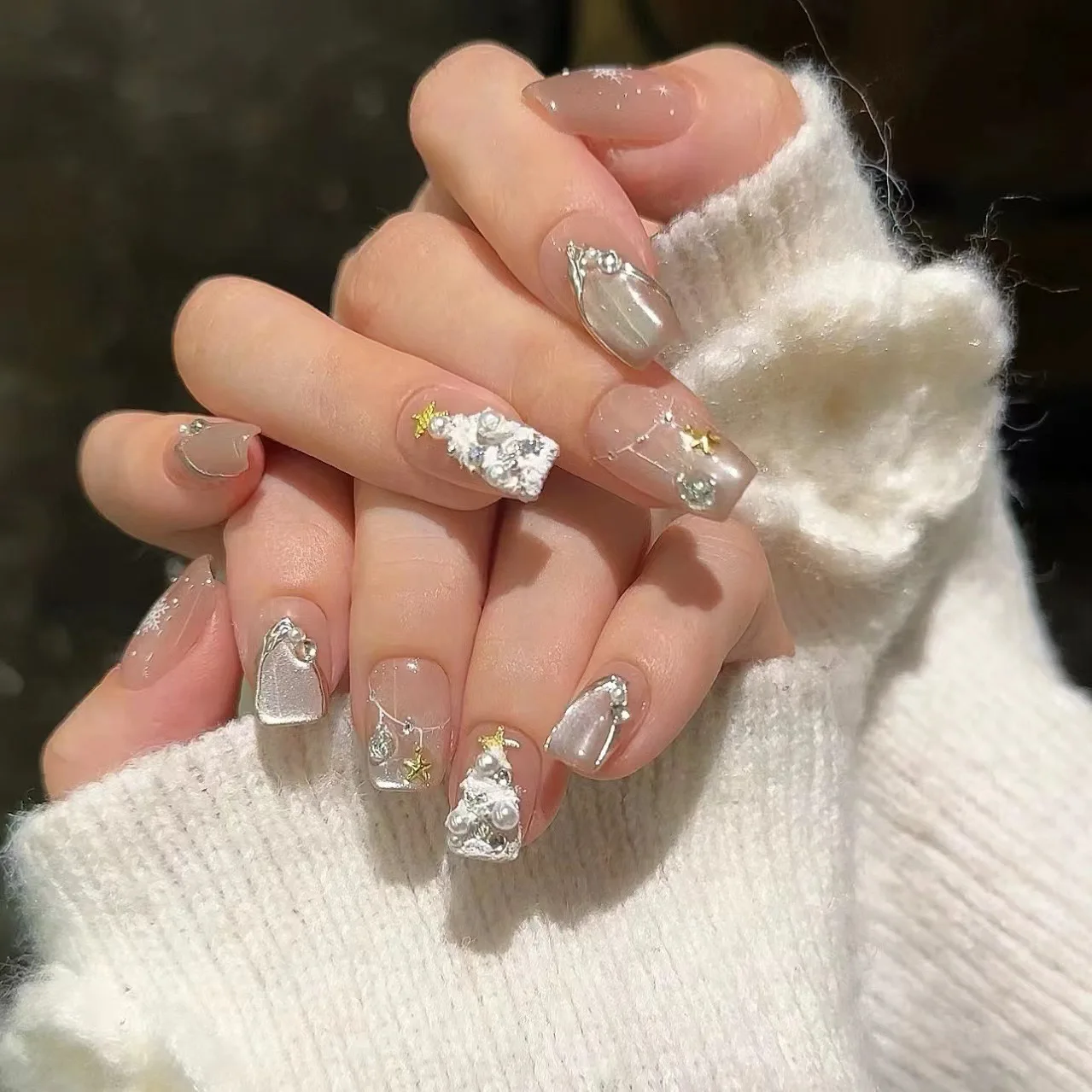 10p Handmade Pink Korean Luxury Snowflake Star Fairy Nails Reusable Adhesive Blink Christmas Tree Fake Nails Acrylic Artificial