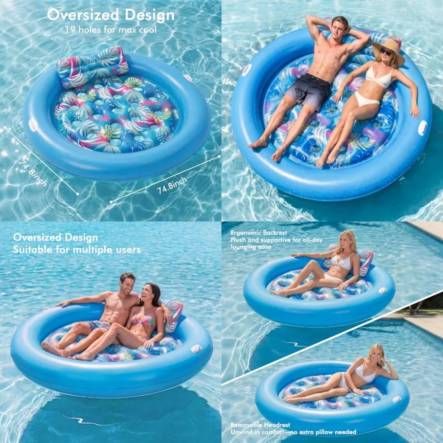 

Pool Floats Adult Heavy Duty, 75 x 75 Inflatable Pool Float with Removable Pillow Grad Handles, Tanning Pool Lounger Floaties B