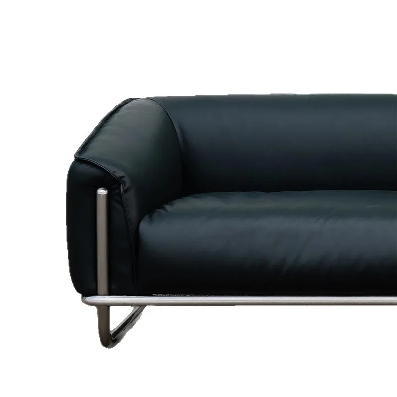 

Medieval black leather straight row sofa stainless steel leather living room sofa